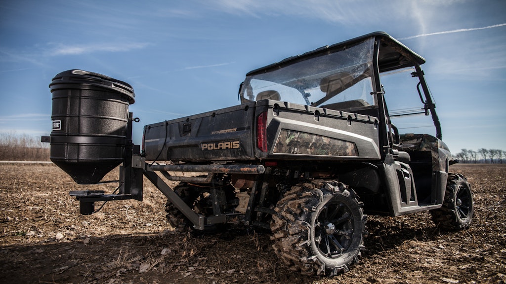 Finding the right ATV-mounted spreader for the job can be confusing, but simply finding products that have a good brand reputation might be the best approach. The Moultrie ATV Food Plot Spreader has a durable plastic hopper that holds 50 pounds of material, a heavy-duty 12-volt motor and universal mounting brackets.