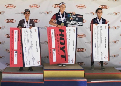 Standing on top the podium at the recent Arizona Cup USAT event is Casey Kaufhold, the 15-year-old daughter of Carole and Rob Kaufhold, founder and CEO of Lancaster Archery Supply, Inc.