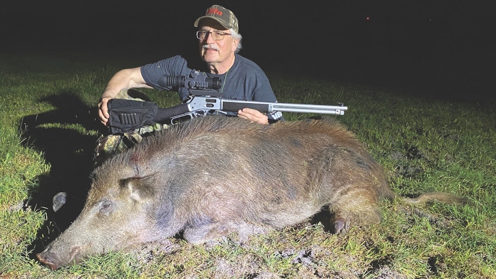 McCombie with a Texas hog taken using an Armasight Collector 25 featuring a 320x240 sensor and a 25mm objective lens.