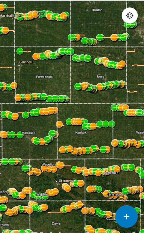 Each Iowa county has two spring deer spotlight survey routes. In the county map above (not entire state), orange dots signify whitetail sightings, and green dots signify furbearers such as fox, skunks and opossums.