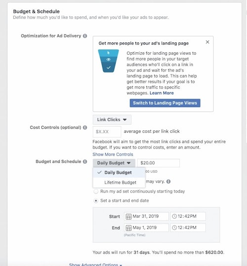When setting your Facebook budget, keep in mind that Facebook will spend as much money as you allow it to. You can choose to spend up to a certain amount per day, or you can choose to set a “lifetime” limit for the ad over a set period of time.