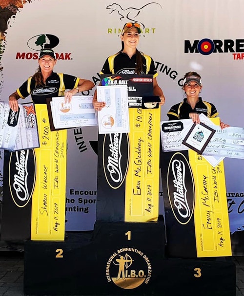 A podium sweep for Team Mathews in the Pro Female division at the IBO World Championship in West Virginia. Left to right: Sharon Wallace (second place), Erin McGladdery (first) and Emily McCarthy (third).