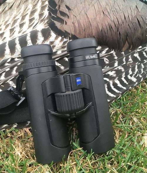 Archery Business Editor Dave Maas used Zeiss SFL 8X40 binoculars during a spring 2022 South Dakota turkey hunt. He prefers 8-power binos when bowhunting wooded properties in the Midwest, and 10-power models for more open country in the West. (Photo by Dave Maas)