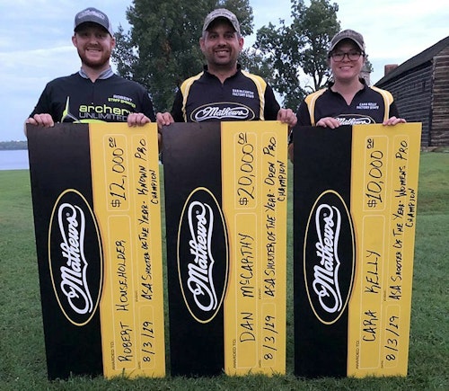 Team Mathews took three ASA Shooter of the Year titles during 2019. Left to right: Robert Householder (Men’s Known Pro), Dan McCarthy (Men’s Open Pro) and Cara Kelly (Women’s Open Pro). 
